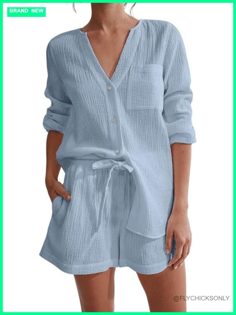 Women's 2 Piece Muslin Cotton Pajama Set V Neck Button Down Sleepwear